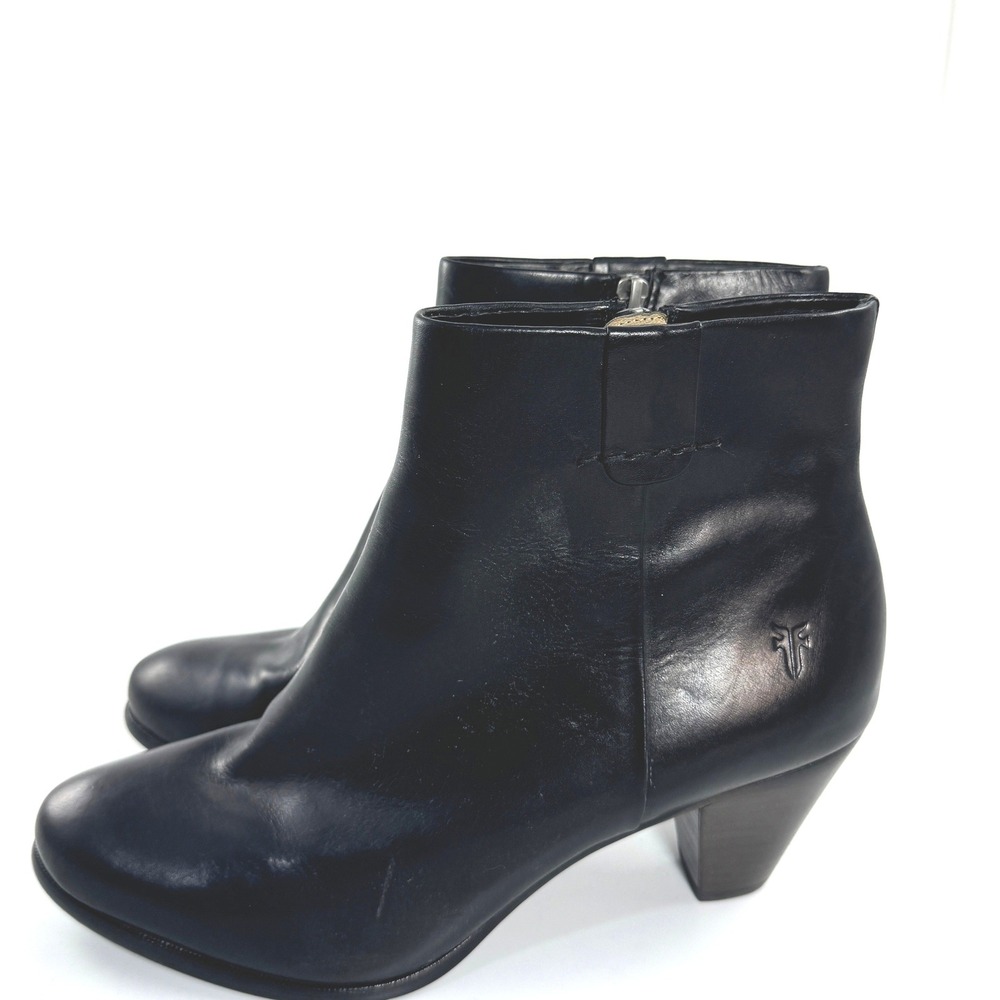 Frye Womens Black Leather Ankle Boots Round Toe Stacked Cone Heel Bootie‎ - Picture 6 of 15